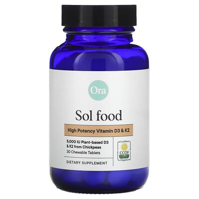 Sol Food, Plant-Based Vitamin D3 & K2, 30 Chewable Tablets