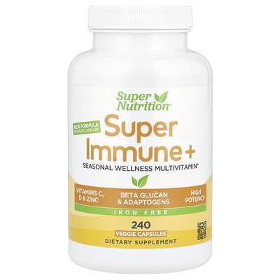 Super Immune+ мультивитамины с витамином C, витамином D и бета-глюканом, без железа, 240 вегетарианских капсул