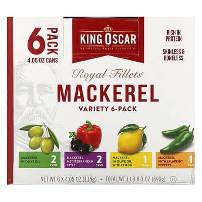 Консервированная макрель Royal Fillets, ассорти, набор из 6 банок, 4.05 oz (115 g) каждая