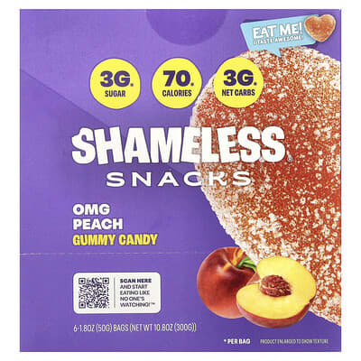 Shameless Snacks жевательные конфеты, OMG Peach, 6 пакетов по 1.8 oz (50 g)