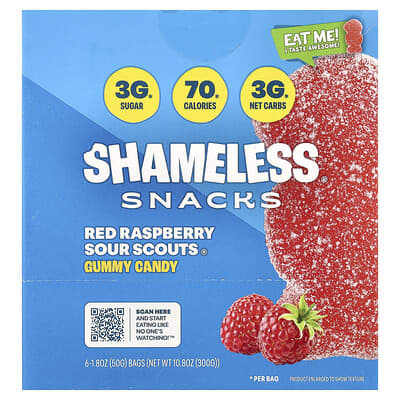 Shameless Snacks жевательные конфеты, кислая малина Red Raspberry Sour Scouts®, 6 пакетов, 1.8 oz (50 g) каждый