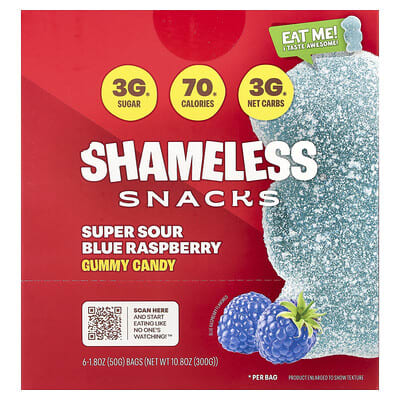 Мармелад Shameless Snacks Super Sour Blue Raspberry, 6 Bags, 1.8 oz (50 g) Each