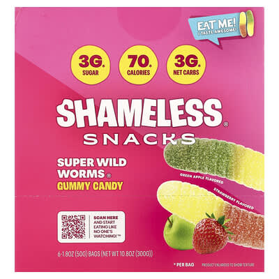 Мармелад Super Wild Worms®, зеленое яблоко и клубника, 6 упаковок, 1.8 oz (50 g) каждая