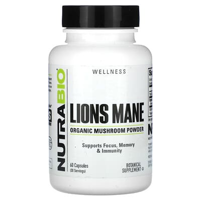 Добавка NutraBio Wellness Organic Lions Mane 60 Capsules (0.5 g per Capsule)