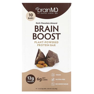 Brain Boost протеиновый батончик, темный шоколад с миндалем, 10 шт, 1.5 oz (50 g) каждый