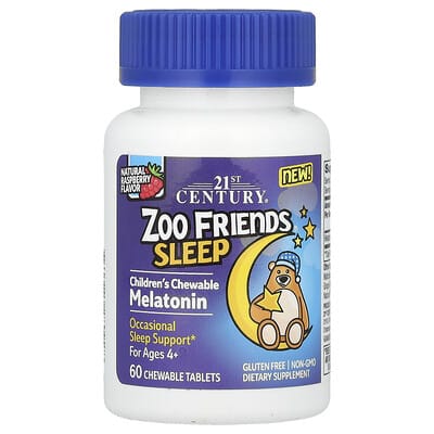 21st Century Zoo Friends Sleep детские жевательные таблетки мелатонина, Raspberry, 60 шт