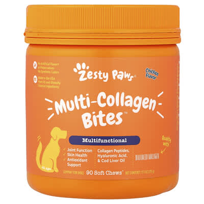 Zesty Paws Multi-Collagen Bites™ для собак, курица, 90 мягких кусочков, 11.1 oz (315 g)