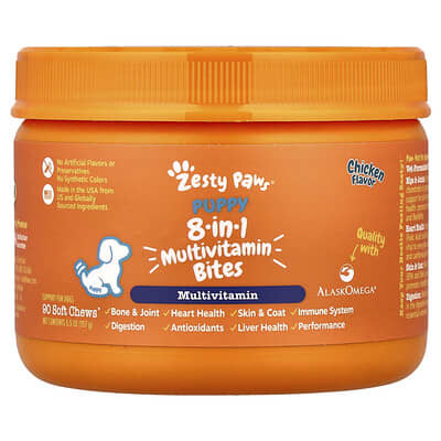 Zesty Paws мультивитамины 8-in-1 Bites для собак, щенков, со вкусом курицы, 90 мягких жевательных таблеток, 5.5 oz (157 g)