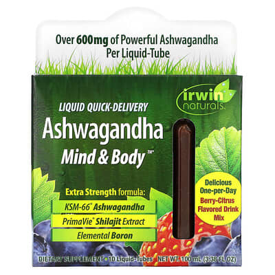 Irwin Naturals Ashwagandha Mind & Body, ягоды и цитрус, 10 жидких тюбиков, 3.38 fl oz (100 ml)