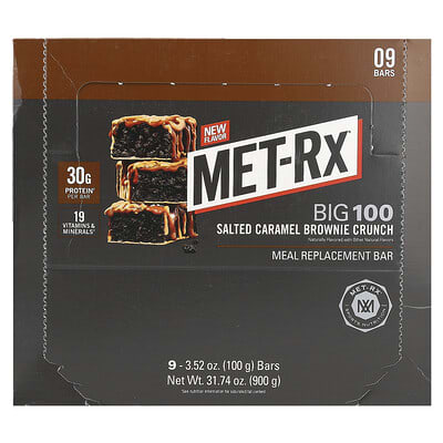 MET-Rx Big 100, протеиновый батончик, Salted Caramel Brownie Crunch, 9 батончиков, 3.52 oz (100 g) каждый