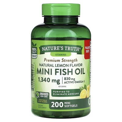 Натуральные витамины Nature's Truth Mini Fish Oil, Premium Strength, Natural Lemon, 200 Mini Softgels (670 mg per Softgel)