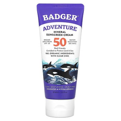Badger Adventure минеральный солнцезащитный крем, SPF 50, без запаха, 2.9 fl oz (87 ml)
