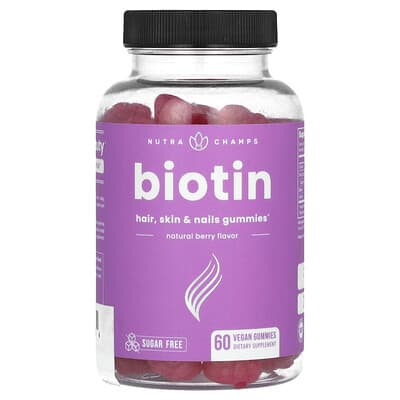 Желейные витамины NutraChamps Biotin, Hair, Skin & Nails, Sugar Free, Natural Berry, 60 Vegan Gummies (5,000 mcg на штуку)