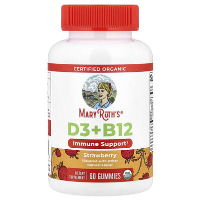Органические жевательные витамины MaryRuth's D3 + B12, Strawberry, 60 Gummies
