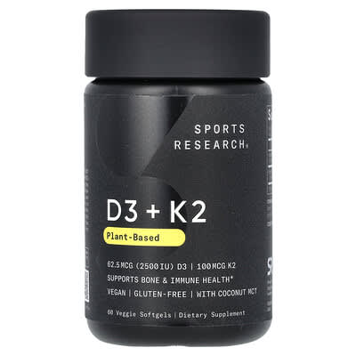 D3 + K2, Plant-Based, 62.5 mcg/100 mcg, 60 Veggie Softgels