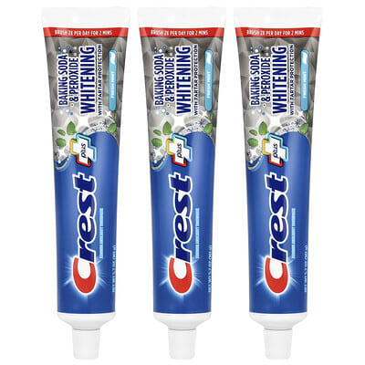 Plus, Crest зубная паста с фторидом, с пищевой содой и перекисью для отбеливания, мятная, 3 шт, 5.7 oz (161 g) каждая