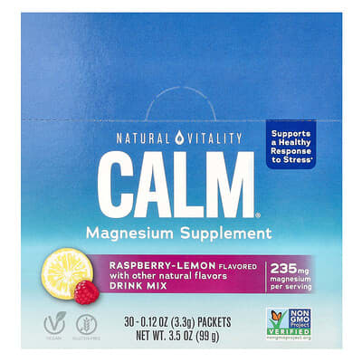 CALM®, Magnesium Supplement Drink Mix, Raspberry-Lemon, 30 Packets, 0.12 oz (3.3 g) Each