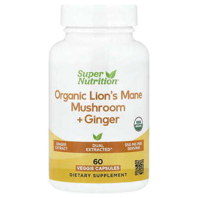 Органическая грибная добавка Super Nutrition Lion's Mane + Ginger, 60 Veggie Capsules