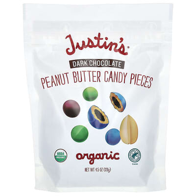 Justin's Nut Butter органические кусочки конфет с арахисовым маслом, темный шоколад, 4.5 oz (128 g)
