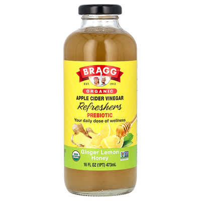 Яблочный уксус Bragg Organic Refreshers, имбирь, лимон, мед, 16 fl oz (473 ml)