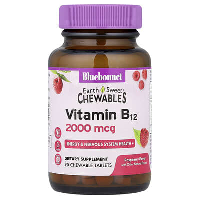Bluebonnet Nutrition Earth Sweet® жевательные таблетки, Vitamin B12, Raspberry, 2,000 mcg, 90 шт