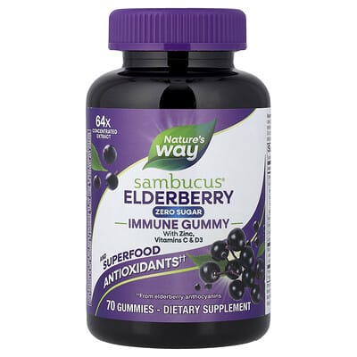 Nature's Way Sambucus® Elderberry, жевательные мармеладки с цинком, витаминами C и D3, 70 шт