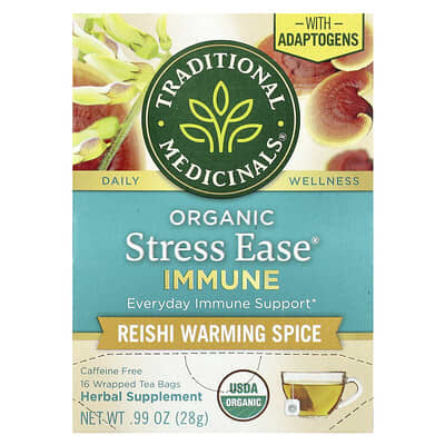 Organic Stress Ease® Immune, Reishi Warming Spice, без кофеина, 16 чайных пакетиков, 0.99 oz (28 g)