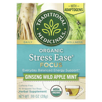 Traditional Medicinals Organic Stress Ease® Focus, Ginseng Wild Apple Mint, без кофеина, 16 пакетиков чая, 0.99 oz (28 g)