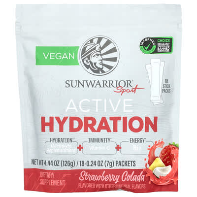 Sunwarrior Sport, Active Hydration, Strawberry Colada, 18 пакетиков, 0.24 oz (7 g) каждый