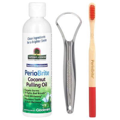 PerioBrite Coconut Pulling Oil with Toothbrush & Tongue Scraper, Coolmint, 8 fl oz (240 ml)