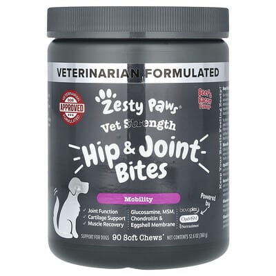 Zesty Paws Vet Strength Hip & Joint Bites для собак, для всех возрастов, говядина и бекон, 90 мягких жевательных таблеток, 12.6 oz (360 g)