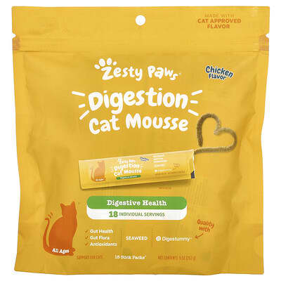 Zesty Paws мусс Digestion Cat для кошек, все возрасты, Chicken, 18 Stick Packs, 9 oz (252 g)