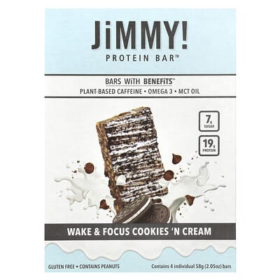 Протеиновый батончик JiMMY! Bars With Benefits™, Cookies 'N Cream, 4 шт, 2.05 oz (58 g) каждый