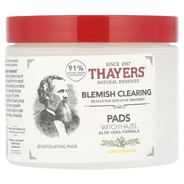 Очищающие диски Thayers Blemish Clearing Witch Hazel, Lemongrass, 60 шт.