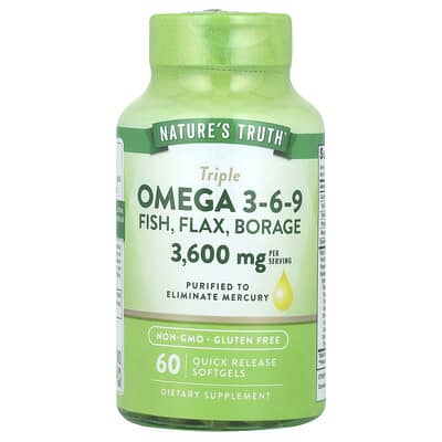 Пищевые добавки Nature's Truth Triple Omega 3-6-9, рыба, лен, бораго, 60 мягких капсул