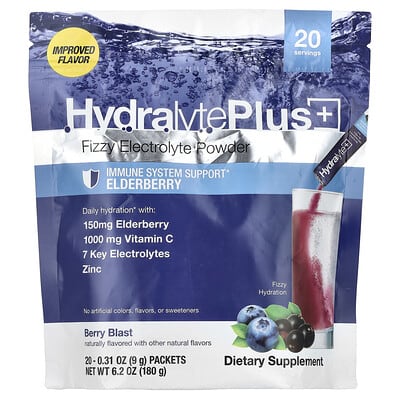 Hydralyte Plus+ шипучий порошок с электролитами, Berry Blast, 20 пакетиков, 0.31 oz (9 g) каждый