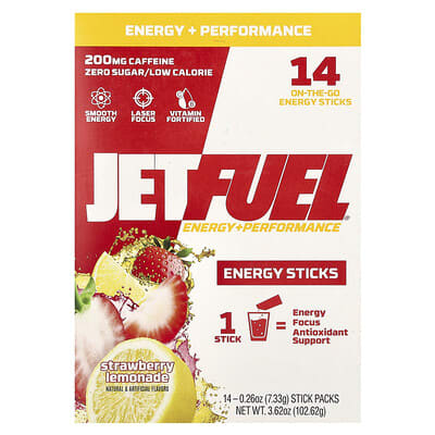 JetFuel®, Energy + Performance, Energy Sticks, Strawberry Lemonade, 14 Stick Packs, 0.26 oz (7.33 g) Each