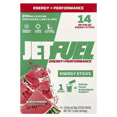 JetFuel®, Energy + Performance, Energy Sticks, Watermelon, 14 Stick Packs, 0.24 oz (6.76 g) Each