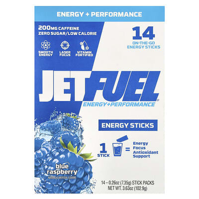JetFuel®, Energy + Performance, Energy Sticks, Blue Raspberry, 14 Stick Packs, 0.26 oz (7.35 g) Each