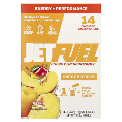 JetFuel®, Energy + Performance, Energy Sticks, Peach Mango, 14 Sick Packs, 0.24 oz (6.79 g) Each