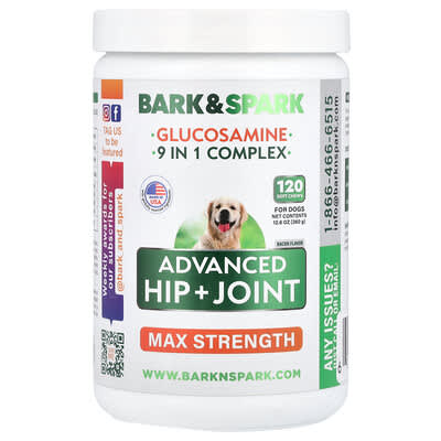 Глюкозамин, Advanced Hip + Joint, Max Strength, для собак, Bacon, 120 мягких жевательных таблеток
