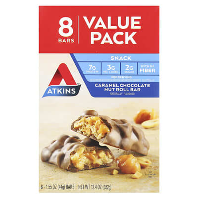 Protein Snack Bar, Caramel Chocolate Nut Roll, 8 Bars, 1.55 oz (44 g) Each