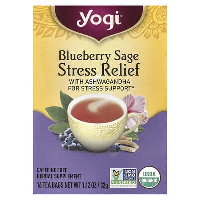 Stress Relief, Blueberry Sage, без кофеина, 16 чайных пакетиков, 1.12 oz (32 г)
