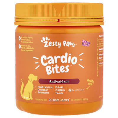 Zesty Paws Лакомство Cardio Bites™ для собак, лосось, 90 мягких кусочков, 11.1 oz (315 g)