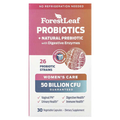 Forest Leaf Women's Care, Probiotics + Natural Prebiotic с пищеварительными ферментами, 30 Vegetable Capsules