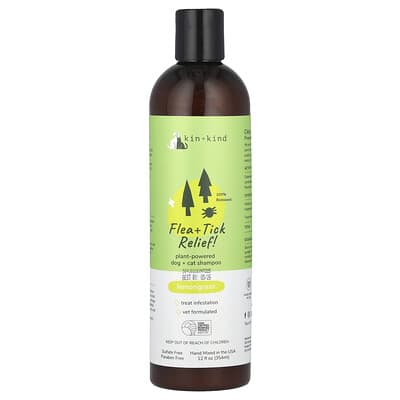 Kin+Kind Шампунь для собак и кошек от блох и клещей, Lemongrass, 12 fl oz (354 ml)