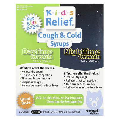 Kids Relief®, сироп от кашля и простуды, дневная и ночная формула, 0-12 лет, 2 флакона, 3.4 fl oz (100 ml) каждый
