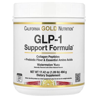 Формула поддержки GLP-1 California Gold Nutrition с коллагеновыми пептидами, пребиотической клетчаткой и незаменимыми аминокислотами, Watermelon Yuzu, 1.09 lb (494 g)
