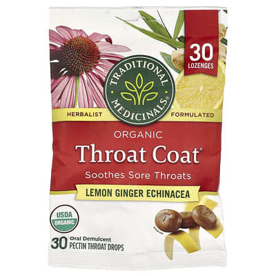 Органические леденцы для горла Organic Throat Coat®, лимон-имбирь-эхинацея, 30 штук