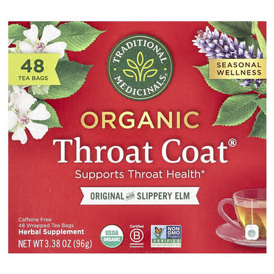 Organic Throat Coat®, оригинал со скользким деревом, без кофеина, 48 пакетиков чая, 3.38 oz (96 g)